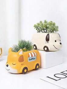 Cute Animal Bus Succulent Planter Resin Decor – Adorable Dog/Fox/Panda/Pig Cart Flower Pot For Desk, Bedroom & Garden. Perfect Kawaii Home Decor To Brighten Your Space, Great Gift For Plant Lovers & Kids! - 1pc - View 7