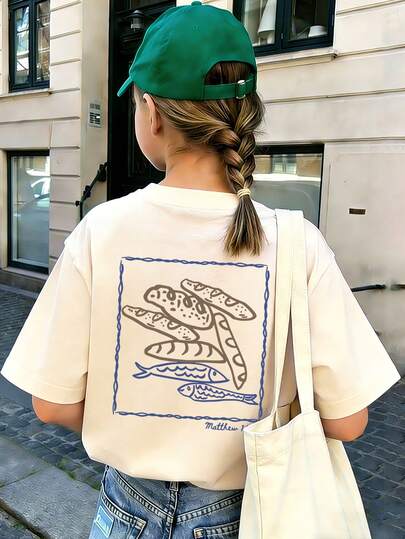 Tween Girl Bread + Fish "Matthew 14:20" Print T-Shirt, Soft And Comfortable Fabric, Suitable For Girls Outdoor Sports, Daily Wear, Street Style, Campus Style, Fashionable Girls Spring/Summer Casual Versatile Top