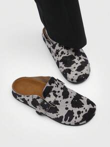 Men's Dalmatian Print Fuzzy Slippers - Backless Casual Loafers With Buckle Strap, Street Style Mule Shoes - 黑灰色 - 查看 6