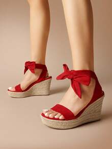 Women's Open Toe Espadrilles Wedges Tie Lace Up Cute Ankle Strap Platform Sandals Dressy Shoes - 紅色 - 查看 2
