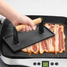 预先调味的重型铸铁汉堡和培根压模套装，配有耐热木柄 - 用于压制汉堡、培根和煎烤 - 黑色 - 查看 5