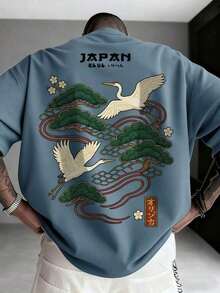 Men's Casual Versatile Simple Japanese Crane Print Short Sleeve T-Shirtgraphic Tee  Shirts - 霧霾藍 - 查看 11