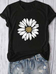 Plus Size Women Summer Casual Floral Print Short Sleeve T-Shirt - 黑色 - 查看 5