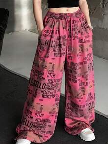 Quần thể thao nữ dáng rộng, ống rộng, in hình "Hello World", kiểu dáng thường ngày. - Màu Hồng Tươi - Xem 3