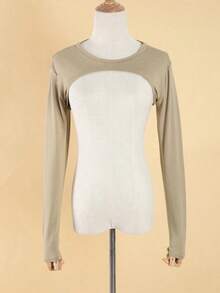 1Pc Women Modal Black Shrug Top, Long Sleeve Faux Collar Layering Accessory, Comfortable & All-Match - Khaki - View 2