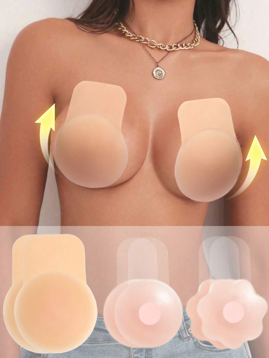 1 Pair Reusable Silicone Nipple Covers, Strapless Bra Design To Enhance Cleavage And Lift Bust, Invisible Effect, Suitable For Summer Wear, Non-Slip Performance - Recommended For A-C Cup Sizes - Round Lifting Style - View 1