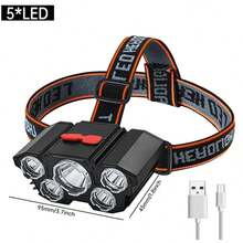1 pieza Linterna frontal recargable por USB de alto lumen, lámpara frontal brillante con 5 LED, 4 modos, resistente al agua IPX4, linterna frontal - Negro - Ver 9