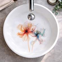 1 Set Removable Watercolor Floral Wall Stickers, Waterproof Orange & Blue Flower Wall Decals, Self-Adhesive For Bathroom, Vanity, Bathtub, Kids Room, Bedroom Decor - Watercolor Flower Stickers - View 4