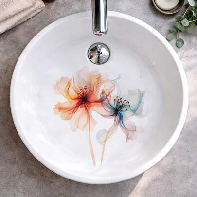 1Set Watercolor Floral Wall Decals, Removable Waterproof Orange Blue Flower Wall Stickers, Self-Adhesive Peel And Stick Bathroom Sink Bathtub Decor For Kids Nursery Bedroom