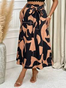 女士黑色和驼色抽象印花中长连衣裙，优雅派对装扮，配腰带，休闲中长连衣裙 - 棕色 - 查看 7