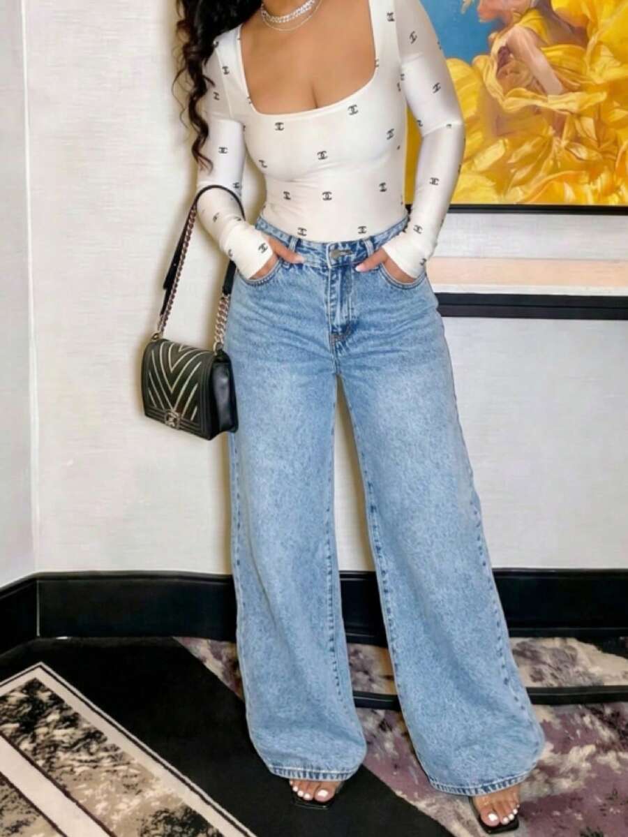 Quần jeans nữ ống rộng cạp thấp màu xanh dương dáng suông, túi xéo, kiểu dáng thường ngày, thích hợp cho mùa xuân. - Màu xanh bảo bình - Xem 1