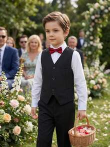Boys Formal Suit Vest, Single-Breasted Waistcoat, Classic V-Neck Design, Wedding Birthday Party Graduation Ceremony, Formal Suit Set Single Piece - Black - View 2