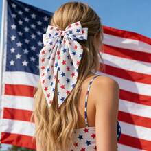 2pcs American Independence Day/Memorial Day, America 250th Anniversary Hair Accessories - Women's Striped & Star Print Chiffon Long Bow Scrunchies, Ponytail Clips, Suitable For Independence Day, Holiday Parties, Daily Wear, Boho Accessories,Summer,Travel - Multicolor - View 6