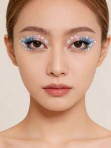 1 pieza Pegatina de maquillaje con forma de cola de sirena, estrella y ojo! Degradado azul y rosa con brillo holográfico, crea un look de sombra de ojos oceánico soñador para maquillaje de escenario o uso diario, fácil de lograr un maquillaje de hadas estilo Y2K, brillo facial, festival, pegatina facial, pegatina 3D, gemas faciales, pegatina decorativa - Multicolor - Ver 2