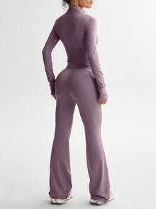 Ensemble Top à manches longues et pantalon de sport slim fit de couleur unie pour femmes, tenue de fitness pour femmes - Rose bonbon - Voir 3