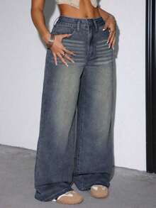 Women's Casual Loose Wide Leg Jeans With Pockets, Suitable For Daily Wear Spring - Deep Nostalgia - View 6