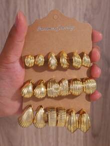 3-9 Pairs Shell Texture Water Drop C-Shape Earrings Set, Gold Metal Minimalist Unique Design Earrings, Versatile Commuter Elegant Earrings For Women, Suitable For Daily Wear - Gold - View 9