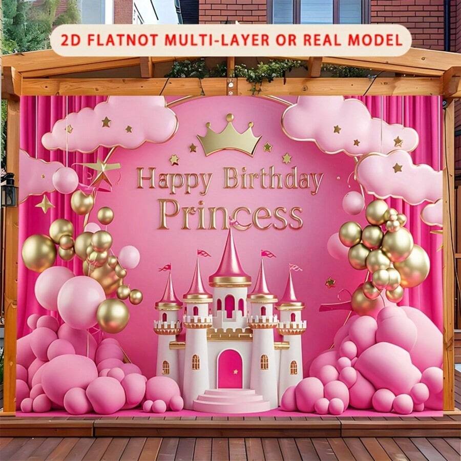1件粉色公主城堡生日快乐派对横幅,装饰性梦幻涤纶背景布,适用于房间、墙壁、拍照,带有金色气球、星星和旗帜 - 23 - 查看 1