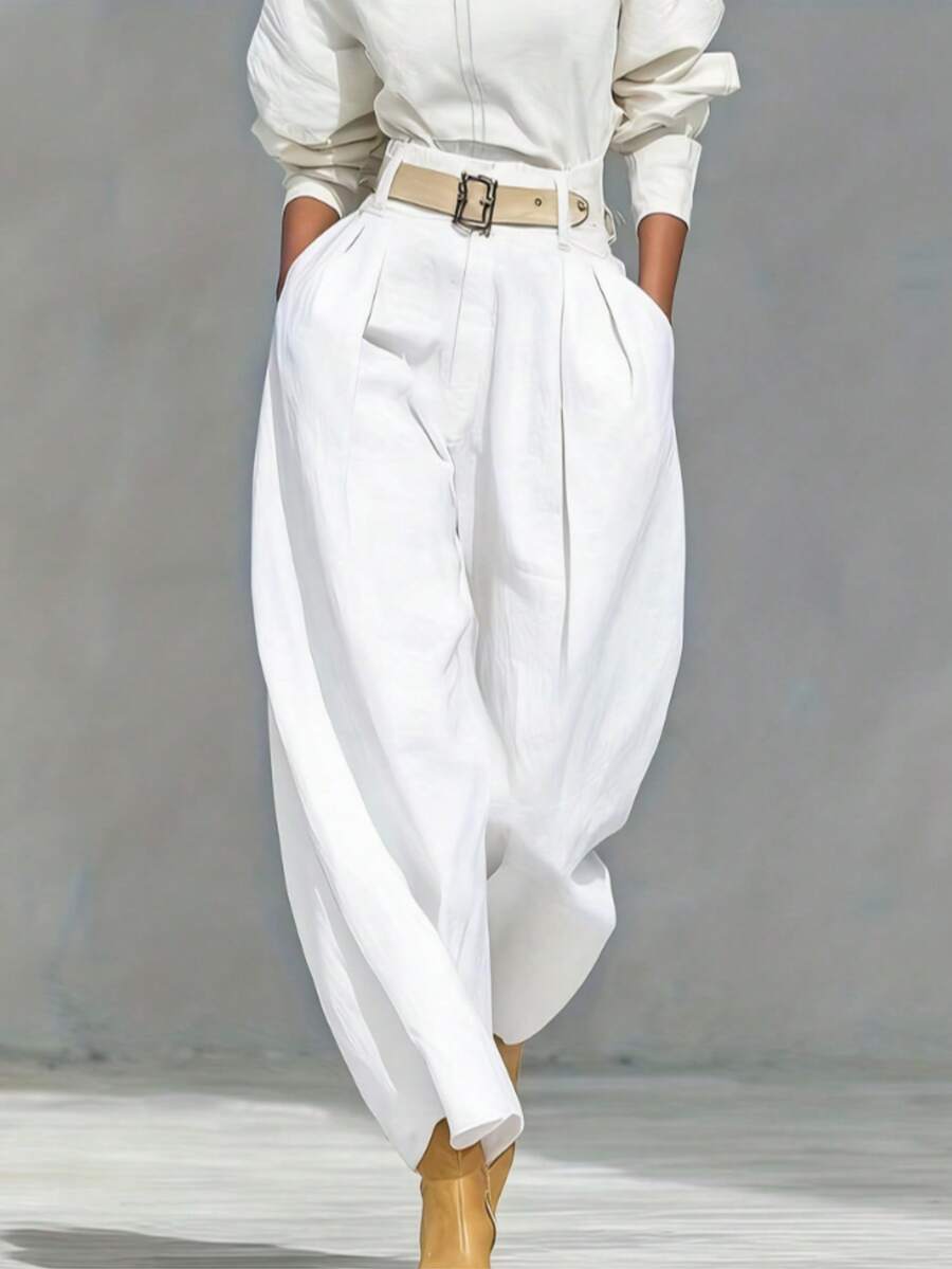 Women's Solid Color Zipper Pocket Pleated Casual Loose Pants (Belt Not Included) Spring White - White - View 1