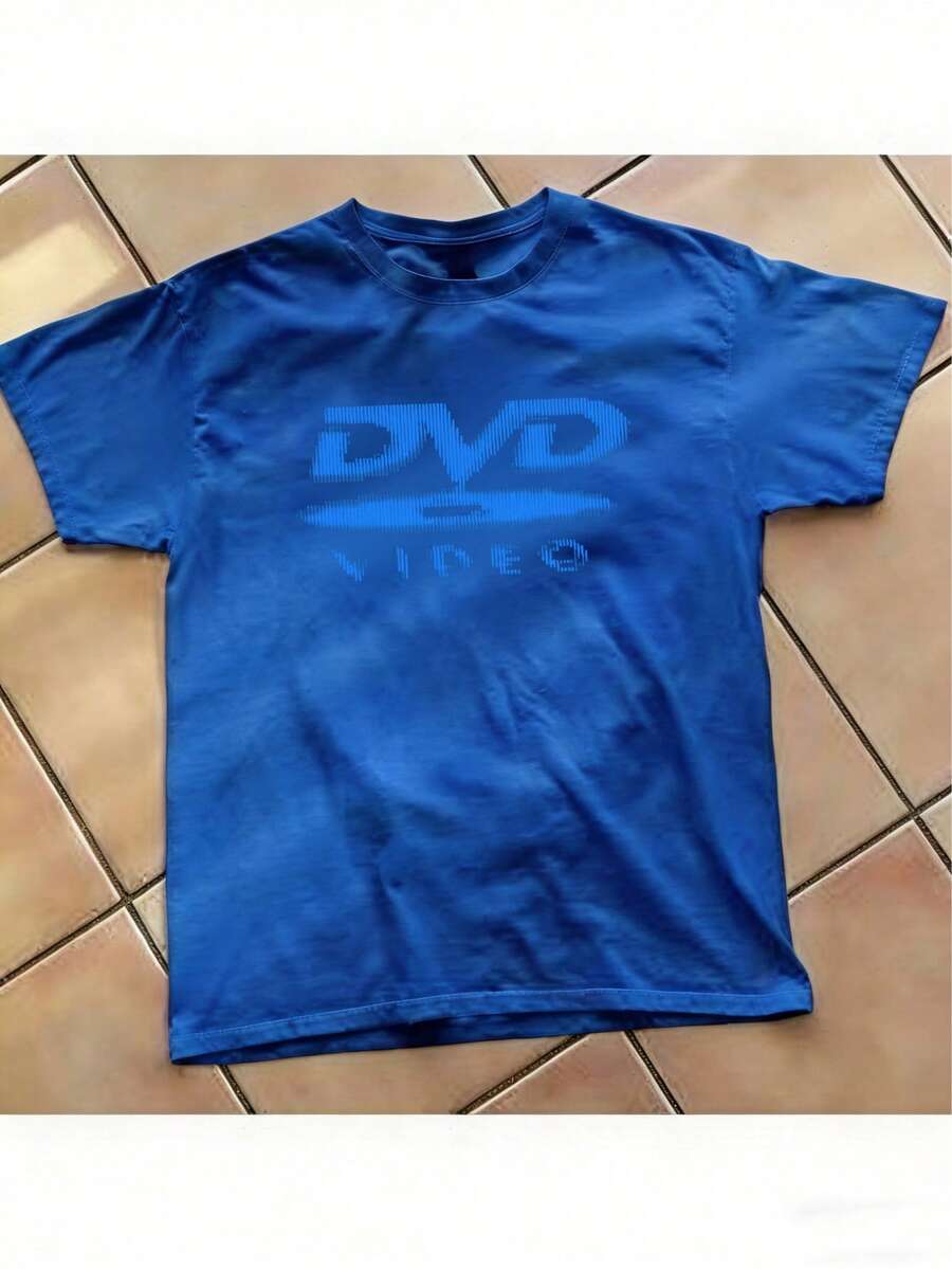 [100% Cotton] DVD Video Nostalgic Green Logo Vintage Gaming Print T-Shirt 2000s Aesthetic Retro Summer Shirt - Unisex Women & Men's Campus Daily Wear - 寶藍色 - 查看 1