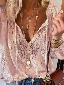 Loose Fit Lace Print & Solid Color Lace Blouse, Commuting Style, Spring/Summer - Pink - View 1