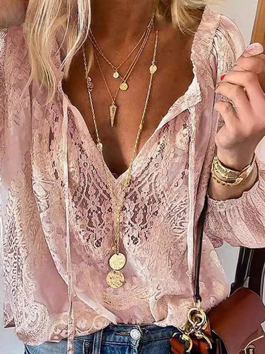Loose Fit Lace Print & Solid Color Lace Blouse, Commuting Style, Spring/Summer - Pink - View 1