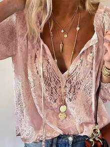 Loose Fit Lace Print & Solid Color Lace Blouse, Commuting Style, Spring/Summer - Pink - View 2