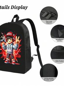 [Back-To-School Essential Set] Large-Capacity Backpack + Pencil Case + Lunch Bag (3-Piece Set) - Multi-Functional Compartments,Water-Resistant & Durable Fabric - Black - View 5
