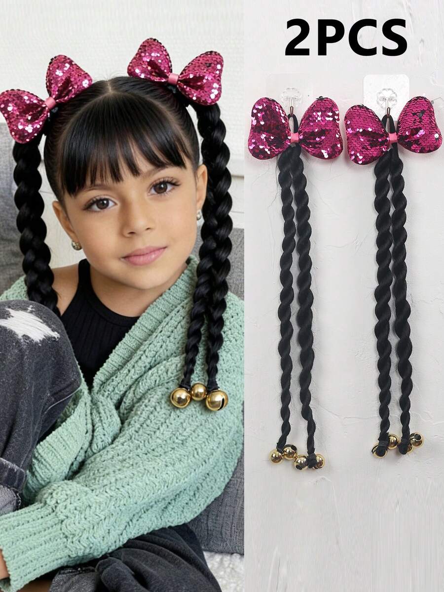 2pcs Kids 20inch Braided Ponytail Synthetic Hair Extension With Bow,With Bead In The End, High Elasticity Hair Tie Design,Ponytail Accessories