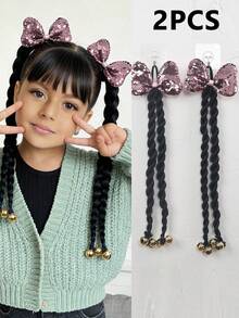 2pcs Kids 20inch Braided Ponytail Synthetic Hair Extension With Bow,With Bead In The End, High Elasticity Hair Tie Design,Ponytail Accessories - Natural Black - View 12