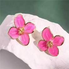 1 Pair Fashionable Hibiscus French Retro Hong Kong Style Glazed Red Flower Stud Earrings, Versatile Floral Earring Accessories - White - View 4