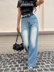 Women's High Waist Straight Leg Jeans, Non-Stretch, Personalized Washed & Distressed - Light Wash - View 6