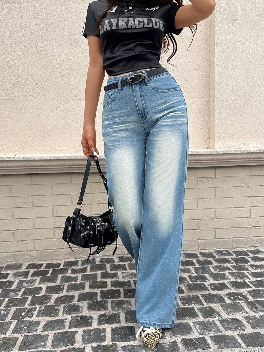 Women's High Waist Straight Leg Jeans, Non-Stretch, Personalized Washed & Distressed - Light Wash - View 1