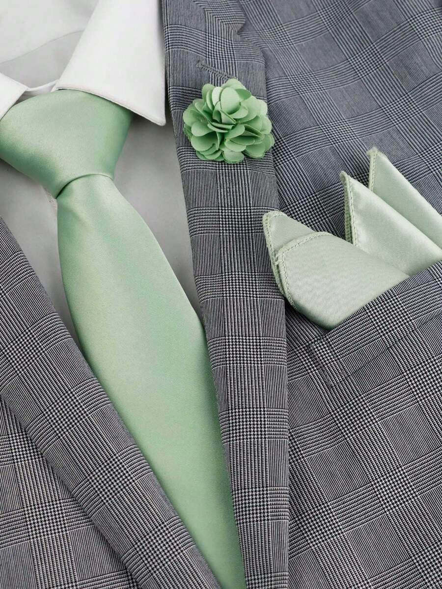 ZLQ&GOU 3pcs Sage Green Necktie, Pocket Square & Boutonniere Set, Polyester Satin Slim Tie, Wedding Party Gift For Men,Festival,Graduation Gift - Light Green - View 1