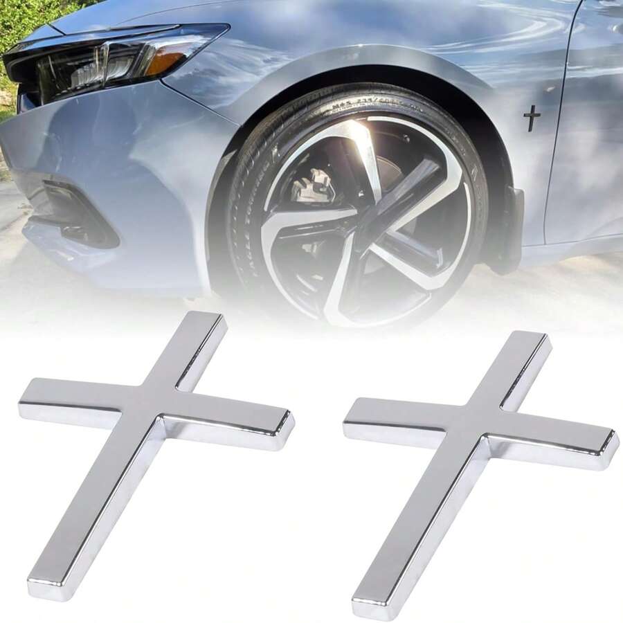 Cross Car Decals, Metal Jesus Cross Badge Stickers, 3D Individual Car Cross Emblem Decal, For Auto Trunk Body Tailgate Side Fenders, Auto Decoration - 銀色2PCS - 查看 1
