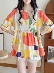 YUXIN Spring & Summer Essential! Women's Loose Babydoll Blouse, Featuring Colorful Prints And Unique Ruffle Cuffs, 3/4 Sleeves Design For Cooler Wear, Fashionable And Comfortable! - Red and Yellow - View 7