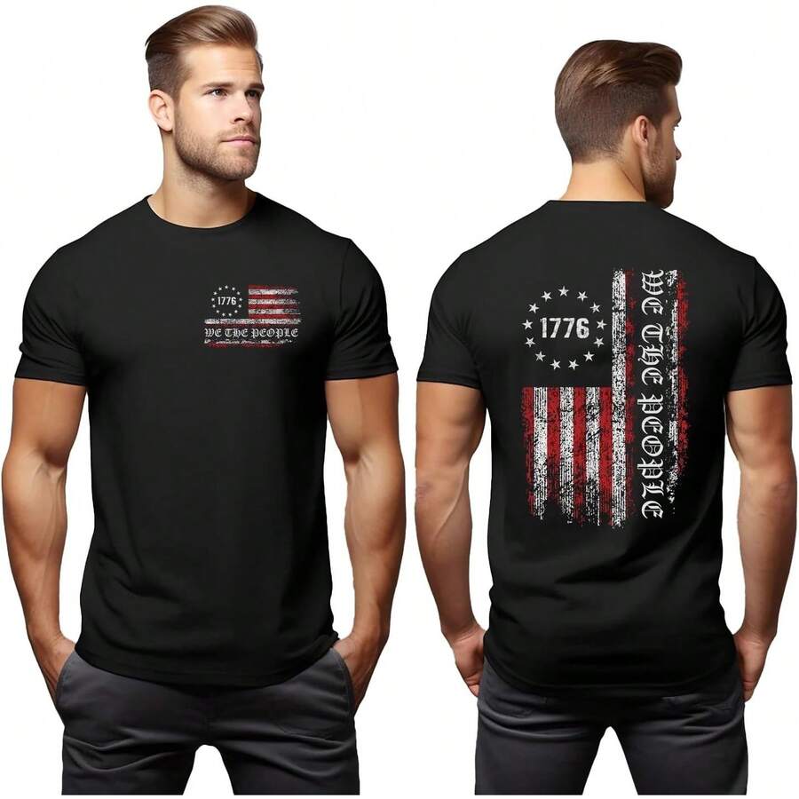 Mens American Flag Shirt 4th Of July T-Shirt USA Flag 1776 Patriotic Tee Memorial Day Tops - 黑色 - 查看 1