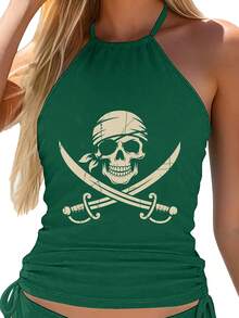 Women'S Tankini Swimwear Featuring A Pirate Skull And Crossbones Design, Perfect For Halloween And Rave Parties. This Elegant Bathing Suit Is Ideal For Beach Outings, Pool Gatherings, And Water, Showcasing A Cute Style, Durable Fabric - 綠色 - 查看 2