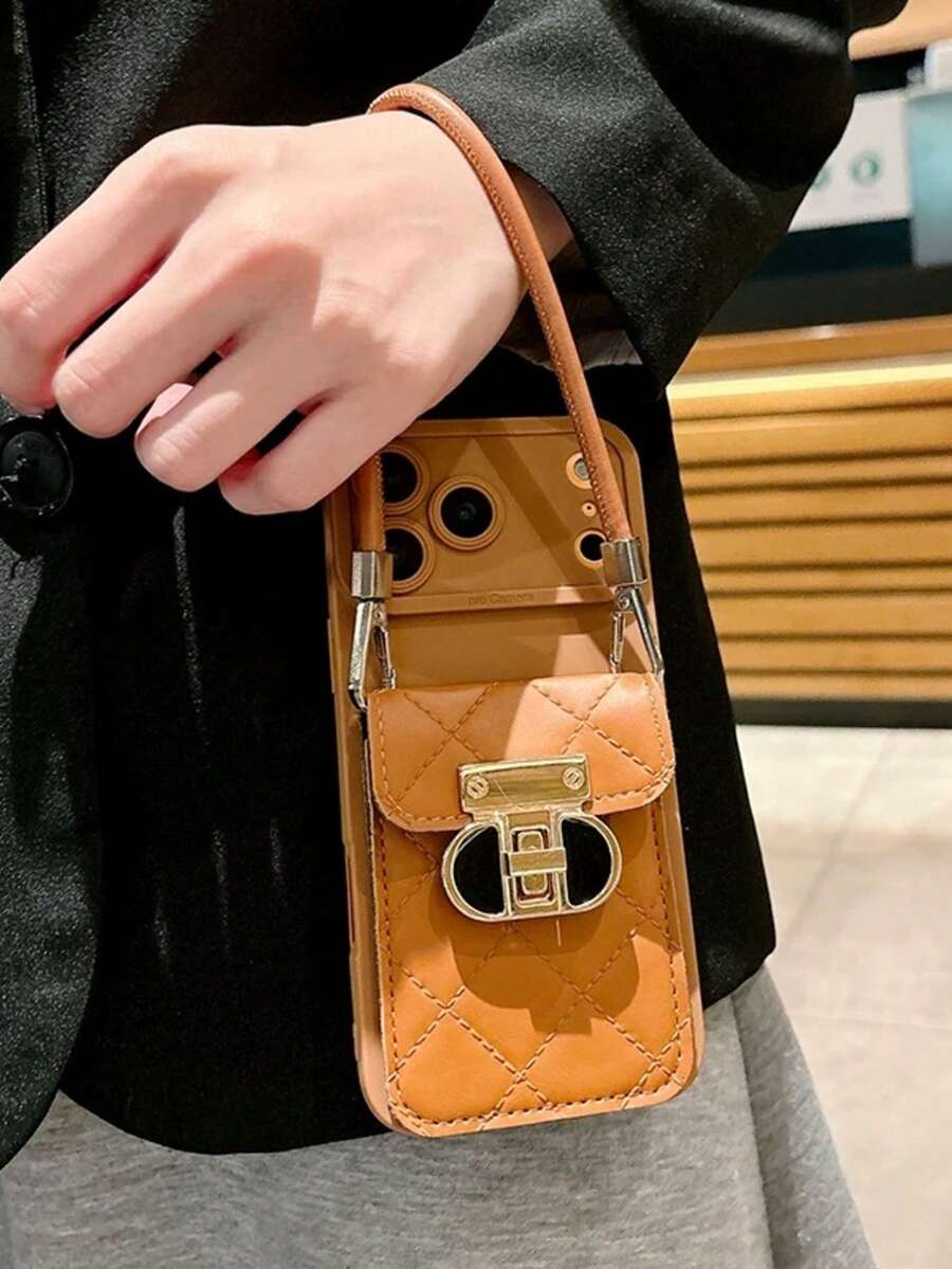 Coffee Maillard Brown Rhombus Coin Purse Wallet Case Compatible With IPhone 17 Pro Max, 16 Pro, 15 Pro, 14, 13, 12 Cartoon Phone Case, Soft Crossbody Bag Style, High-End Feel - Brown - View 1