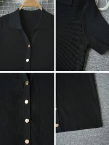 T-shirt tricoté à manches courtes raglan col polo à la mode pour femmes, nouveau cardigan léger et décontracté pour le printemps/été, noir - Noir - Voir 8