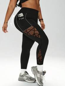 1pc Spring/Summer Yoga Waist & Waist Splicing Flocked Geometric Mesh Splicing Casual Sports 3/4 Pants With Side Pockets - Black - View 3