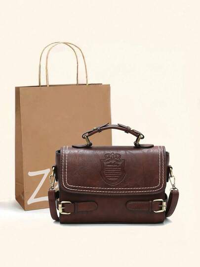 1 pieza Bolso de mano con solapa de moda retro en bloque de color, cierre de cremallera, correa cosida, correa para el hombro, adecuado para uso diario, ir al trabajo, color café