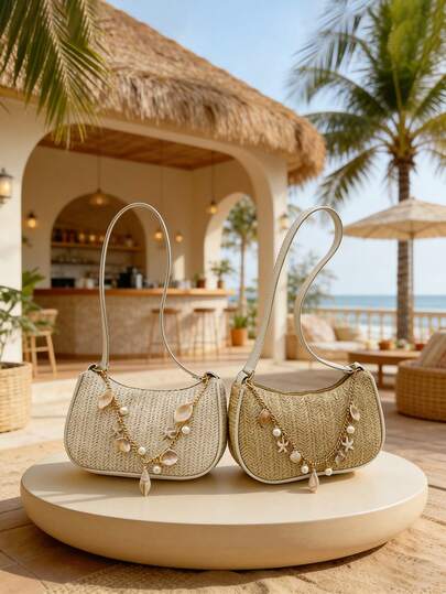 这款时尚简约的夏季沙滩度假单肩包采用独特的月牙形设计，适合各种场合和用途。无论是户外活动、玩耍、通勤等等，它都是送给青少年的完美礼物。