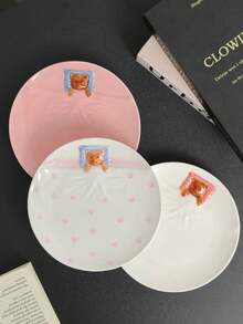 Cabin Kangaroo 1 pieza Plato de cerámica con patrón de oso 3D lindo, plato de cena con diseño de oso en relieve kawaii, plato estético para postres y desayuno, apto para microondas, adecuado para decoración del hogar y regalos - Multicolor - Ver 4