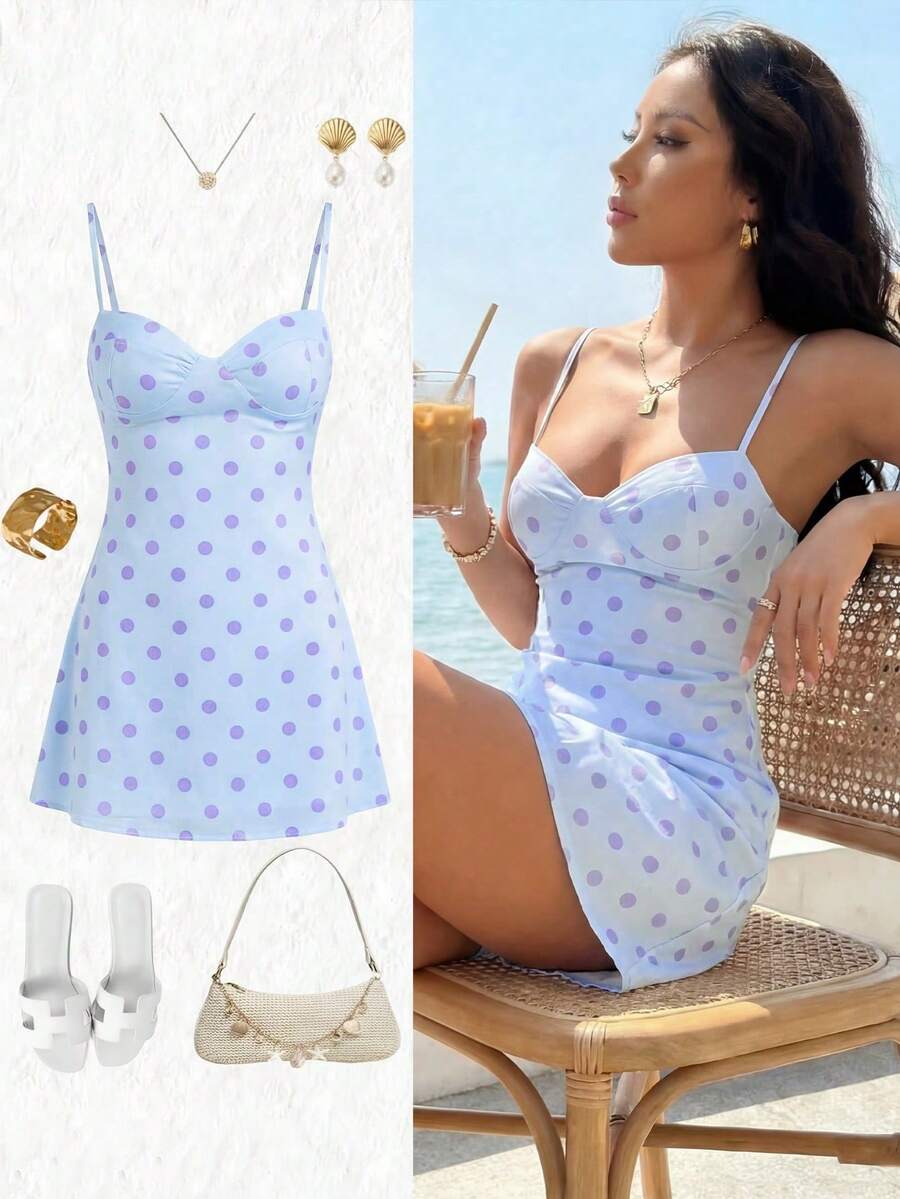 性感时尚百搭日常波点印花迷你连衣裙，带胸垫和可调节细肩带，春夏新款，度假装扮 - 淺藍色 - 查看 1