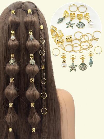 46件海洋风发饰套装，包含钻石海星、贝壳、蓝色海螺和白色珍珠元素，可调节合金发夹，沙滩波西米亚风格，适合编发和各种发型。