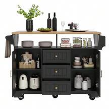 Kitchen Island, Cabinet, Sideboard 120 X 40 (80) X 95 Cm, Extendable Kitchen Trolley With Wheels, Extendable On Both Sides, With Towel Rack And Spice Rack, Two Doors, Three Drawers, Black And White. - Black - View 1