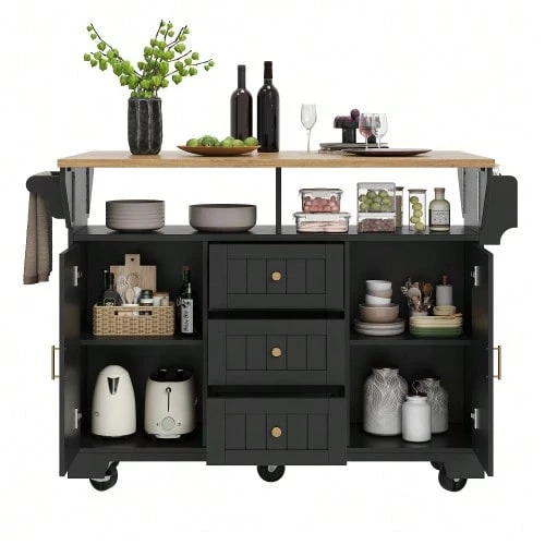 Kitchen Island, Cabinet, Sideboard 120 X 40 (80) X 95 Cm, Extendable Kitchen Trolley With Wheels, Extendable On Both Sides, With Towel Rack And Spice Rack, Two Doors, Three Drawers, Black And White. - Black - View 1