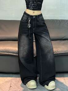 1 chiếc quần jeans ống rộng thoải mái, thêu họa tiết, thương hiệu thời trang Hàn Quốc dành cho nữ (Sản phẩm này không bao gồm thắt lưng/phụ kiện) Mùa xuân - màu đen - Xem 9