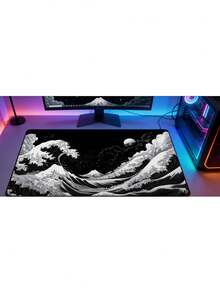 Tấm lót chuột chơi game cỡ lớn chủ đề sóng Nhật Bản - Tấm lót bàn làm việc bằng cao su chống trượt, có thể giặt được này có thiết kế đen trắng nổi bật "Sóng lớn ngoài khơi Kanagawa", lý tưởng cho game thủ và các chuyên gia. Tấm lót được mở rộng và dày dặn này có đáy chống trượt và bề mặt bằng vải. - Xem 4